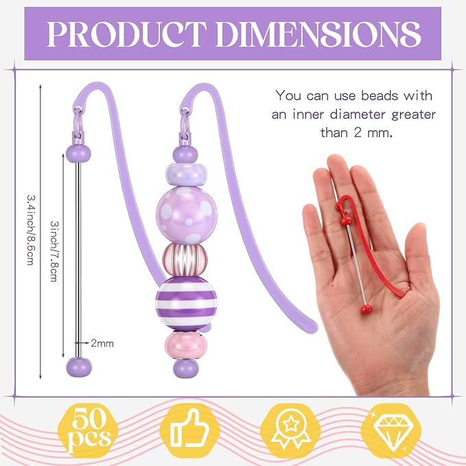 Dunzoom 50 Pcs Beadable Bookmarks DIY Metal Blank Bar Bookmark for Beads Modern Bead Craft Jewelry Pendant Charm Gift for Book Lovers Student Teacher Office Supplies (Multicolor)