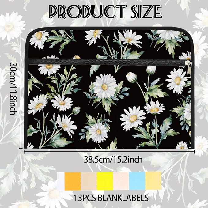 WEBEEDY 13 Pockets Daisy Expanding File Folder Dark Background Flower Expandable File Folder with Labels and Zipper, Portable Accordion Files Organizer for A4 Paper Document Photo Receipt Paperwork
