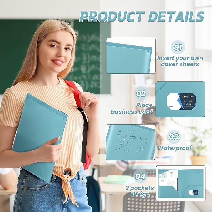 Henoyso 36 Pack Sapphire Blue Plastic Folders with Clear Front Pockets Heavy Duty File Folders with 2 Pockets and Card Slot for Student Communication School Office Presentation Report