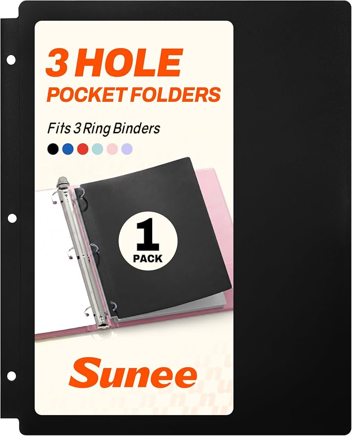 SUNEE 3 Hole Pocket Folders (1 Pack, Black), Plastic Pocket Folders for 3 Ring Binder, 3-Hole Punched Folder with Pockets, for Kids, Students, Teachers, Office Staff