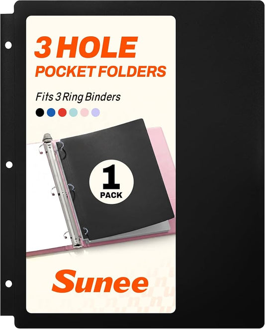 SUNEE 3 Hole Pocket Folders (1 Pack, Black), Plastic Pocket Folders for 3 Ring Binder, 3-Hole Punched Folder with Pockets, for Kids, Students, Teachers, Office Staff