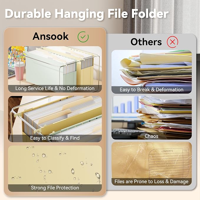 Ansook Hanging File Folders Legal Size Extra Capacity,Heavy Duty 4" Expanding Legal File Folder Hanging with Tabs,6 Pack Plastic Filing Cabinet Folders,Hanging File Organizer for Office Home School