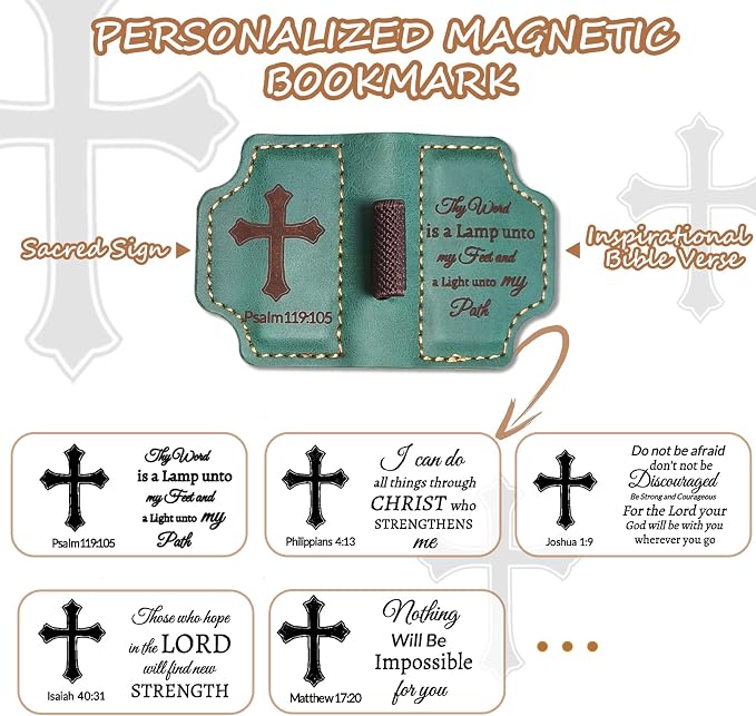 Bygone Mark Personalized Magnetic Leather Bookmark with Pen Holder,Inspirational Bible Verse Religious Bookmarks,Christian Book Lovers Reading Accessory for Men Women (Green, Psalm 119:105)
