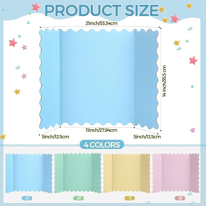 Mooliwe 4 Pack 21" x 14" Trifold Poster Board Macaron Colors Corrugated Scalloped 3 Fold Small Display Boards Foldable Business Paper Board for Presentation Science Fairs Event School Projects