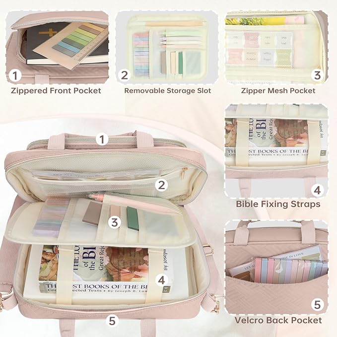 Bible Cover Case for Women Bible Study Supplies Christian Gifts for Women Church Camp Essentials Christian Bible Journaling Kit Quilted Large Bible Cover with Durable Handle (Pink, Large)