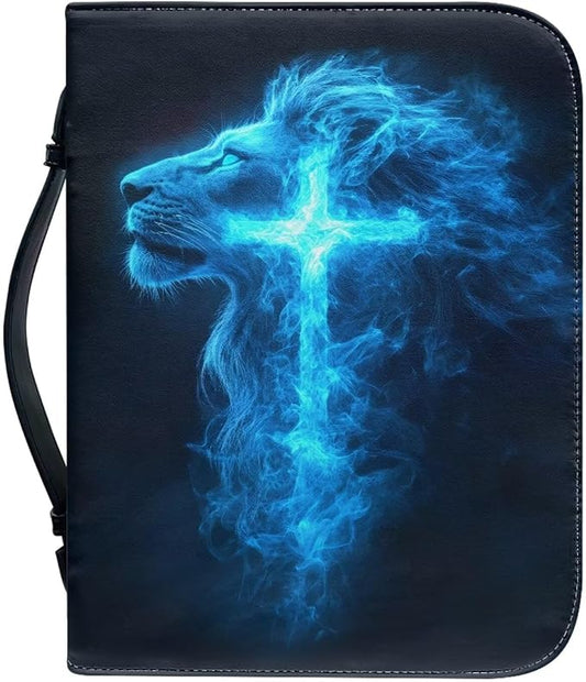 Bible Covers for Women Blue Lion Cross Waterproof Bible Holder Case for Man Portable Bible Protector PU Leather Bible Organizer Bag Large Size