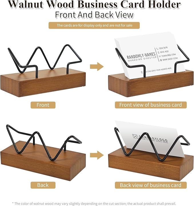 2 Pack Wood Business Card Holder for Desk, Wooden Business Name Card Display Stand Postcard Holder for Office Home Desktop,Desk Accessory Business Name Card Organizer(Walnut Color, Black)
