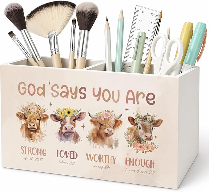 Inspirational Highland Cow Pen Holder for Desk Accessories Christian Highland Cow Gifts,God Says You Are Bible Verse Pencil Holders Wooden Box Organizer for Home Office Bedroom Desk Tabletop