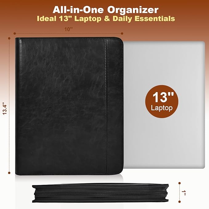 Leather Portfolio for Men and Women – Business Binder Portfolio, Professional Organizer for Men and Women, Christian Gifts, Laptop & iPad Case, Bible Notepad Holder (Black)