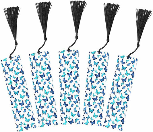 Blue Butterflies Bookmarks 5 Pcs with Tassels Insect Shiny Wooden Bookmarks for Reading Women Students Teacher Reader