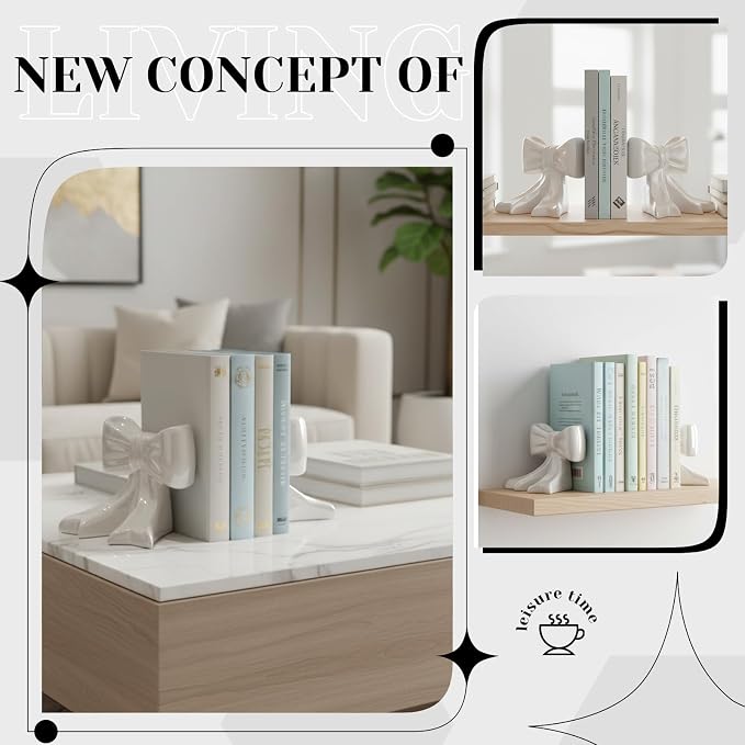 Leinuosen 2 Pcs White Bow Bookends Ceramic Cute Book Ends Decorative Book Stand Bow Sculpture Statues Tabletop Shelf Ornament Room Decor for Home Office School Dorm Girl Desk