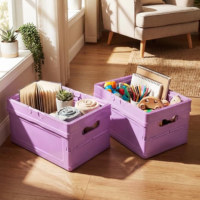2 Pcs Pastel Plastic Collapsible Storage Crates with Lids and Handle Collapsible Picnic Basket Stackable Storage Bins Cute Foldable Container for Home Kitchen Office Bathroom(Purple)