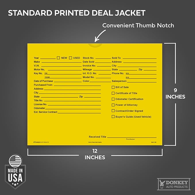 Printed Vehicle Deal Envelopes 9x12 Deal Jackets (100 shrink wrapped) (Yellow)