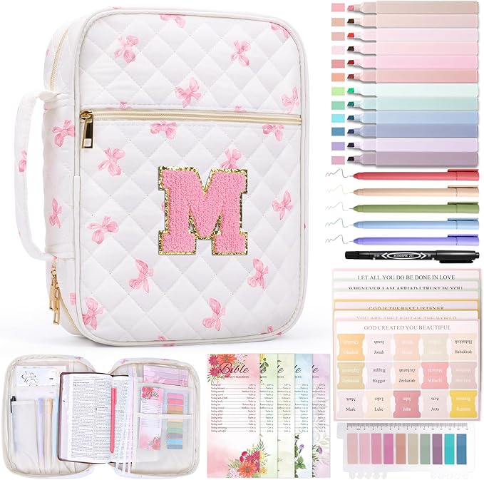 XKDOUS Bible Cover for Women Quilted Bible Bag Church Book Carrying Case with Letter M, Handle, Study Supplies Organizer Portable Church Book Carrier Christian Gifts for Mom, Lady