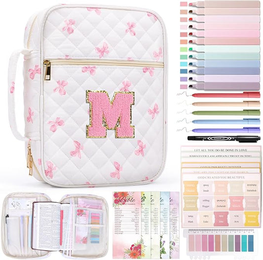 XKDOUS Bible Cover for Women Quilted Bible Bag Church Book Carrying Case with Letter M, Handle, Study Supplies Organizer Portable Church Book Carrier Christian Gifts for Mom, Lady