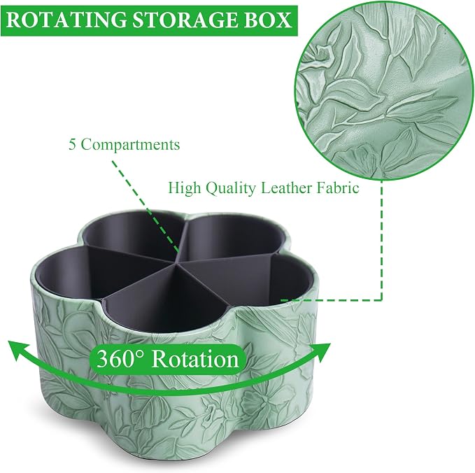 Flower Shaped Leather Art Supply Organizer,Remote Control Holder,360 Degree Spinning,Multi-Functional Pencil Holder,5 Compartments Desktop Stationary Organizer(1-Flower Green)