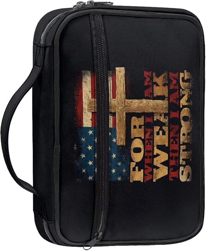Bible Covers for Women Men Zippered Bible Carrier Book Bag, for When I AM WEAK Then I AM Strong, Church Bag Bible Protective with Handle Christian Gifts, Cross American Flag Print
