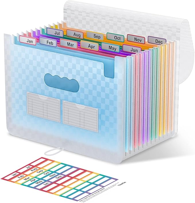 ThinkTex Accordion File Organizer, 12 - Pocket Expanding File Folders for Paper Receipts, Bills & Taxes Organizer, Letter/A4 Size Document Holder for School, Office, Home with Colorful tabs- Blue