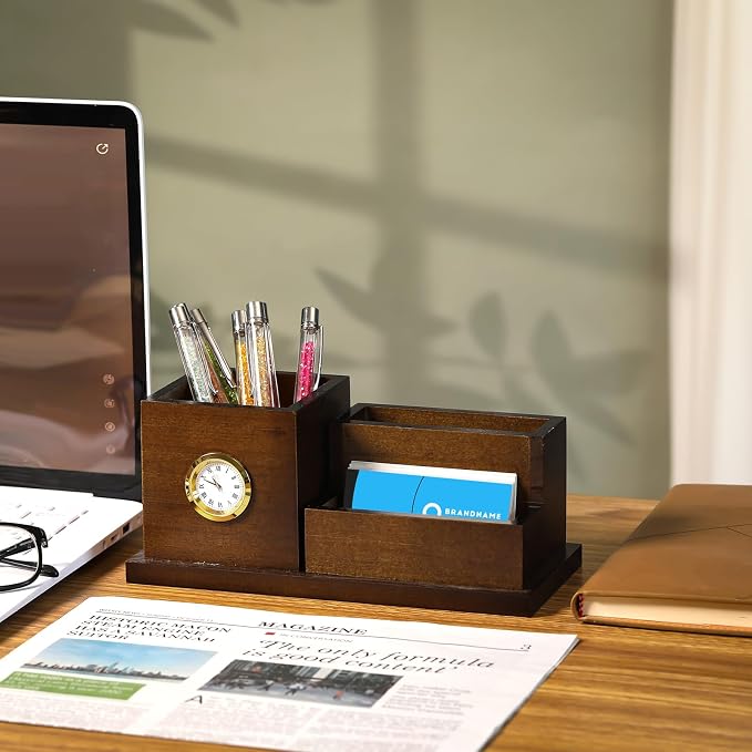 Watersay Wood Business Card Holders with Clock Pen Holder Lawyers Gifts for Men and Women Desk Organizer for Attorney Lawyers Professionals Boss Birthday Ideal Gift