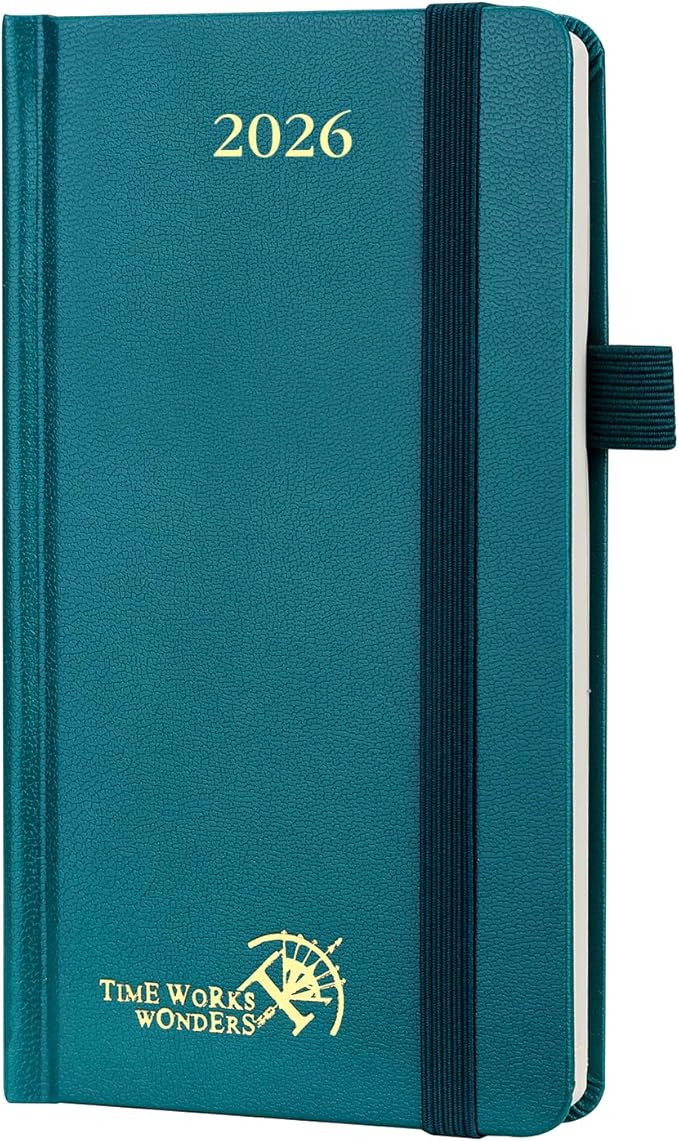 POPRUN 2026 Pocket Calendar Planner (Mini Size-3.5" x 6.5" Hardcover),12 Months (Jan. - Dec. 2026) - Small Planner Weekly and Monthly for Purse with Pen Holder, Storage Pocket- Pacific Green