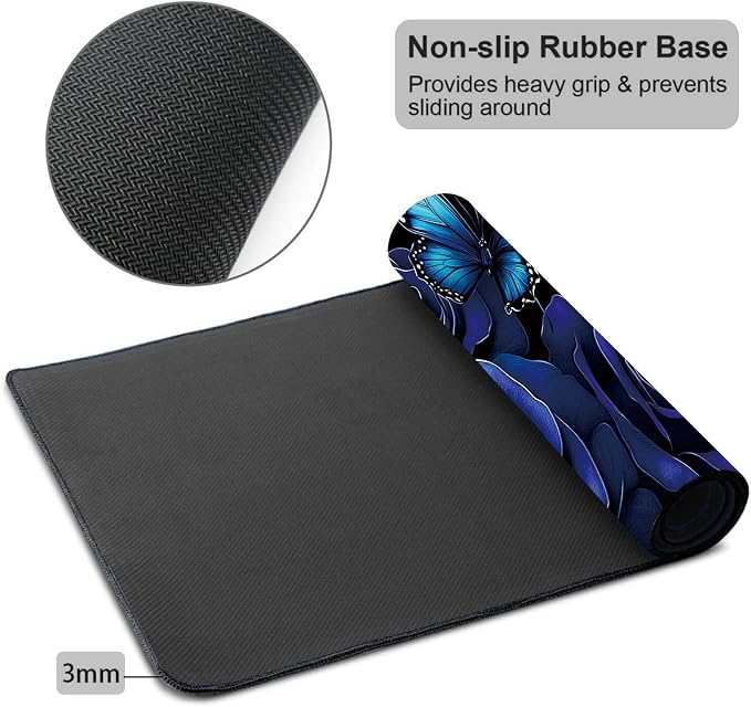 Mouse Pad Gaming Mousepad 31.5x11.8 Inch XXL Large + Coasters,Desk Mat with Stitched Edges, Non-Slip Rubber Base, Thick Mouse Pad for Computer, Laptop, Office & Home - Blue Rose Butterfly