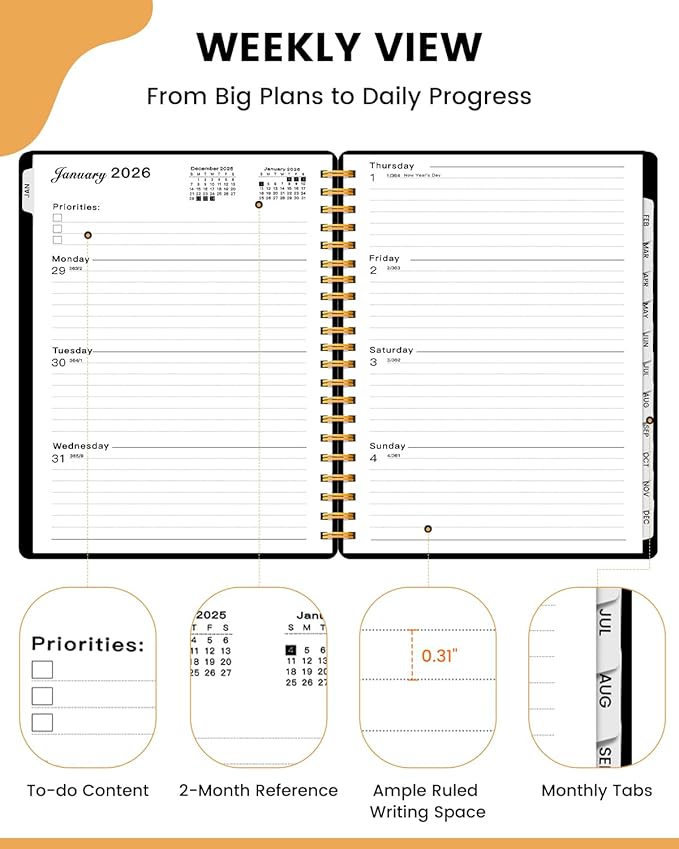 2026 Planner Weekly and Monthly, HZZHE 8.8"x11.5" Large Spiral Yearly Notebook with Jan.2026-Dec.2026 Calendar, Water Resistant Cover, Monthly Tabs, Daily Organizer for School Office Supplies - Black A4 100GSM 140P