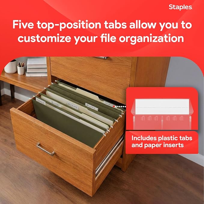 Staples Hanging File Folders, Legal Size, 1/5‑Cut Tabs, Standard Green, Includes Tabs & Paper Inserts – 50/Pack