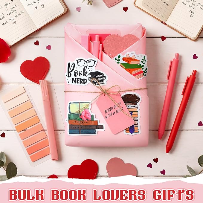 Sabary 6 Set Blind Date with a Book Gift Box Supplies Excluding Books Leather Bookmarks Stickers Kraft Tags Pens Wrapping Papers Mother's Day and Teacher's Day Graduation Book Lovers Club Gifts(Pink)