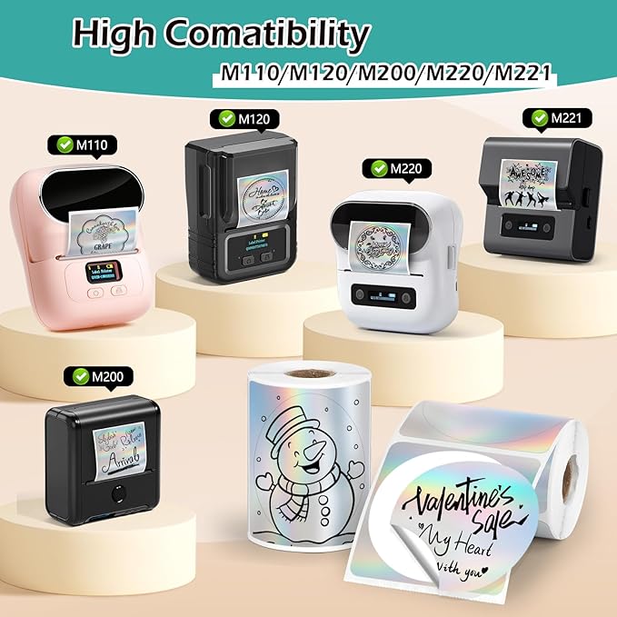 2 Rolls Thermal Labels Custom Sticker for Phomemo M110/M120/M220/241BT- Holographic Sliver Circle Sticker for MUNBYN130B/RW402B Label Maker Printer,1.96" Laser Label Paper for Logo,Name,Price,Barcode