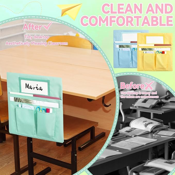 gisgfim 24 Pcs Small Chair Pockets for Classroom 13 x 14 Inch Bag with Name Tag Multi Pockets Chairsback Pouch Organizer for Student Kindergarten Elementary Daycare (Pastel)