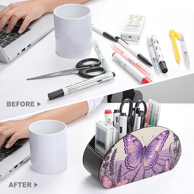 Butterfly Lavender Spike TV Remote Control Holder with 5 Compartments PU Leather Storage Container Caddy Desktop Organizer for Media Player Makeup Brush Pencil Glasses Office Supplies