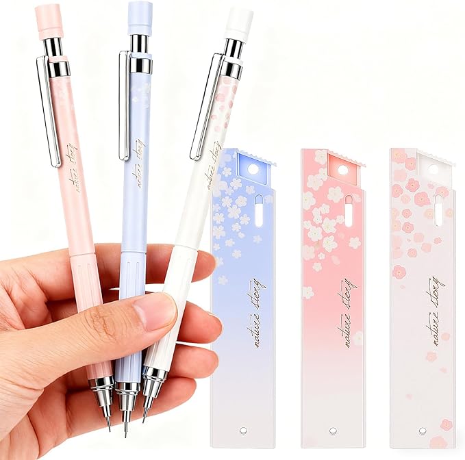 Cute Coquette Cherry Blossom Mechanical Pencils Set Include 3 Kawaii Mechanical Pencils,3 Tubes Mechanical Pencil Lead Refills,0.5mm Aesthetic Mechanical Pencil for School Office Writing Draft Drawing