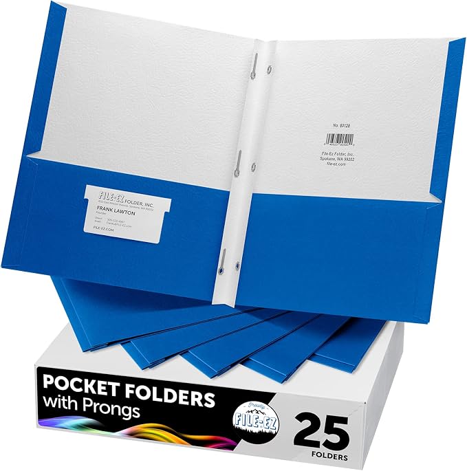 FILE-EZ Two-Pocket Folders with 3-Prong Fasteners, Blue Color, 25-Pack, Durable Textured Paper, Matte Finish, Letter Sheet Size (EZ-92523)