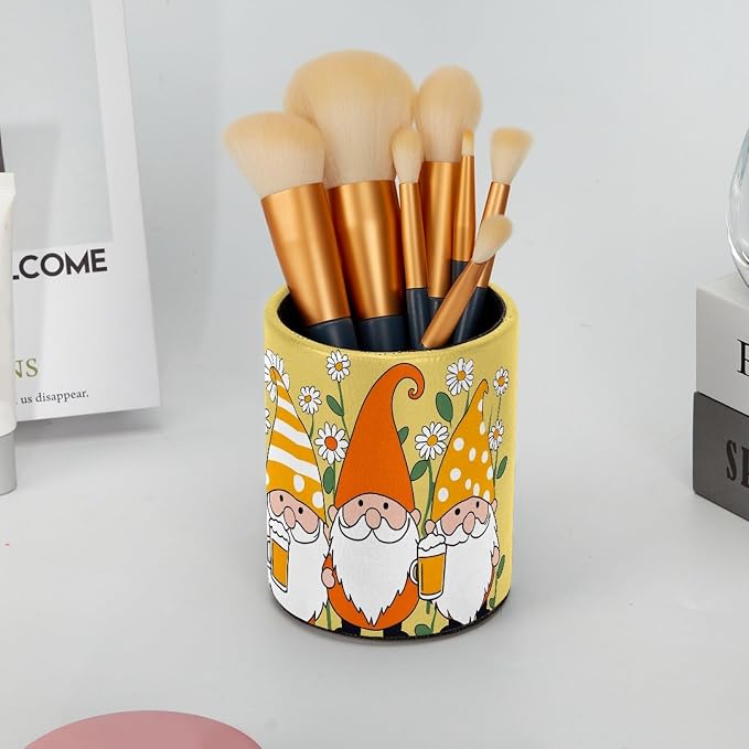 Gnomes Daisy Pen Holder Pencil Organizer Cute Pencil Cup Desk Decor Makeup Brush Holder PU Multifunctional Office Supplies for Home Classroom School