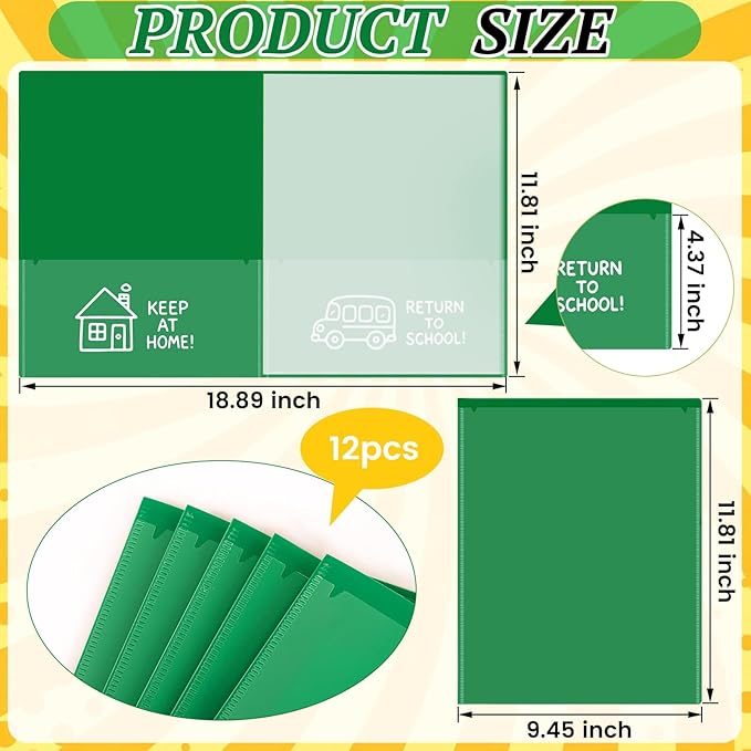 12 Pcs Take Home Folders for Elementary Students,Back to School 2 Pocket Folders with Clear Front Pocket 4 Inner Pockets,Plastic Parent Teacher Communication Folder 11.81 x 9.45 Inch (Green)