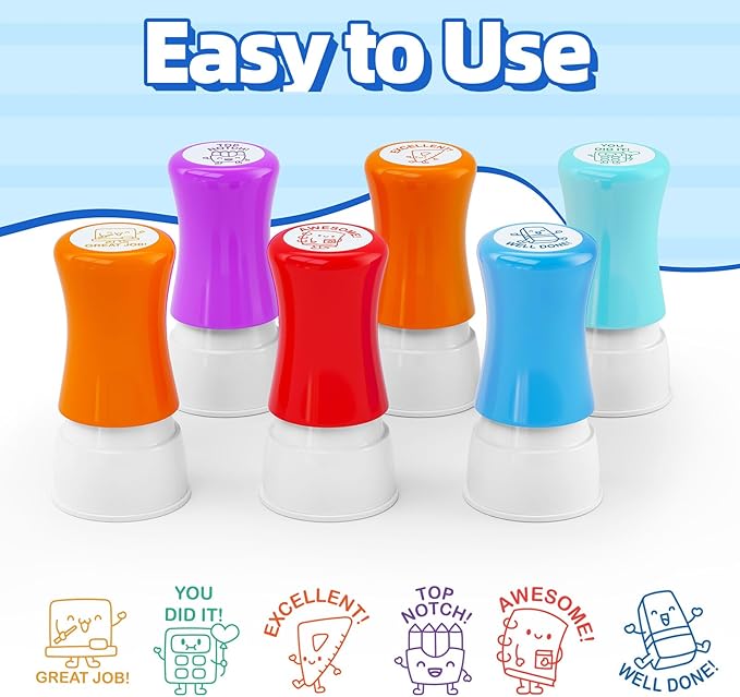6-Piece Set of Teacher Stamps - Stationery Cute Motivational Scoring for Grading Teacher Stamp Self Inking Stamp Behavior Stamps for Teachers Grading (Big Handle)