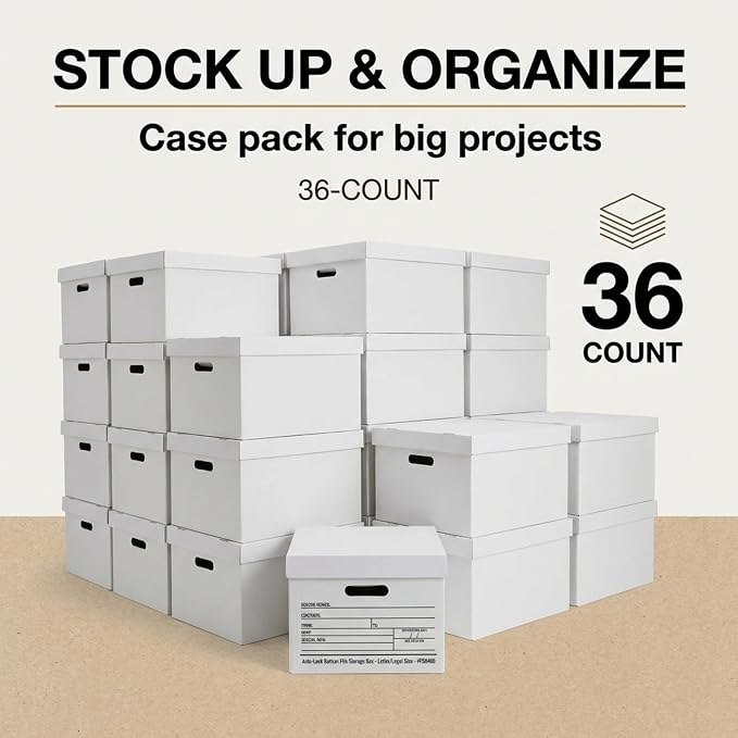 BOX USA Boxes with Lids and Handles (36-Pack) - File Storage Boxes for Office Supplies, Book Storage, Moving, and Packaging, Fits Letter and Legal Paper, Removable Lid