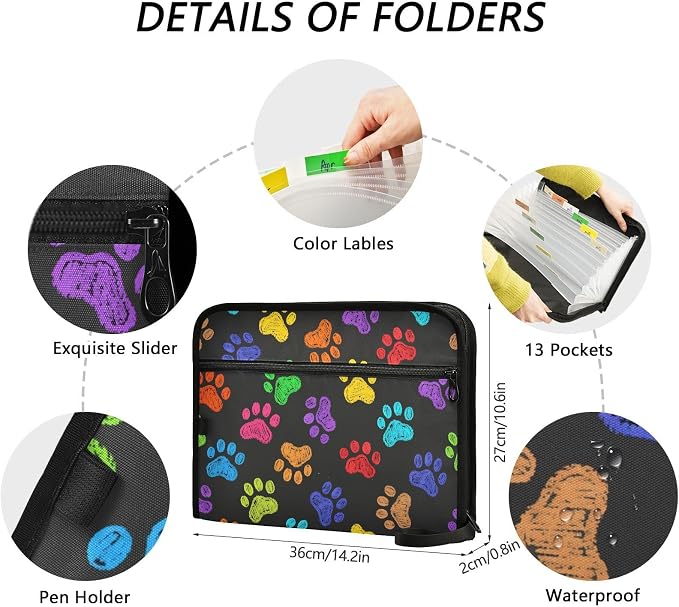 ALAZA Vintage Dog Paw Art Expanding File Folder, 13 Pockets Expandable Document Organizer Folder with Zipper Closure for Home Office A4 Letter Size Paper Document