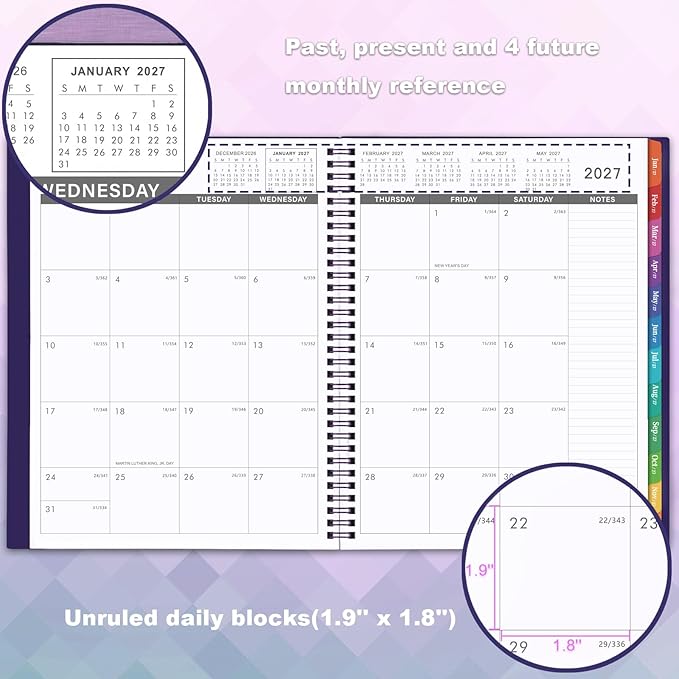 2027 Monthly Planner - 2027 Planner, JAN. 2027 - DEC. 2027, 9'' x 11'', Monthly Planner 2027 with Colorful Tabs, Monthly Calendar Planners with Pocket, Perfect for Shool Office Use - Purple