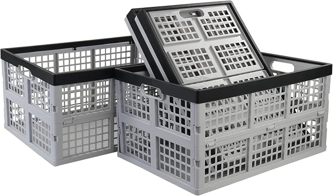 Readsky 42 Liter 4 Pack Collapsible Plastic Storage Crates, Folding Crate Storage, Stackable Utility Totes for Car Trunk, Home, Office, and Pantry Organization