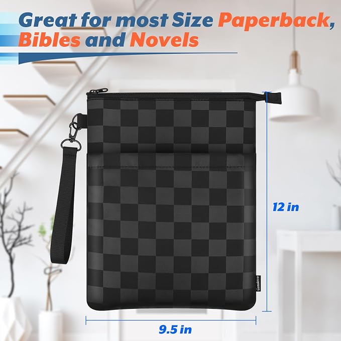 Book Sleeves with Zipper, Travel Book Protector Pouch for Paperbacks & Hardcover Books, Book Covers Bags Carry Case/Front Pocket & Handle Strap for Book Lovers Mother's Day (Black with Block, 1 Pc)