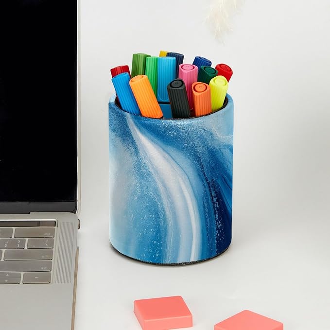 Leather Pen Holder for Desk, Blue Marble Makeup Brushes Holder Pencil Cup Multifunctional Desktop Organizer Caddy for Home School Office Desk Accessories