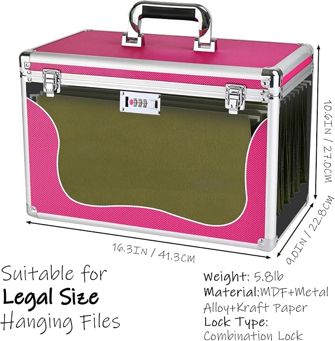 File Storage Cabinet for Legal Size Hanging File Folders, Suspension File Holder, Document Organizer Filing Lockbox in Office and Home with Combination Lock and 10-pack Hanging Files (Pink, Legal)