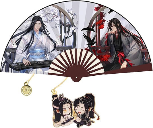 Demonic Hand Held Bamboo Silk Folding Fan Hand Fan Mo Dao Zu Shi Metal Bookmark for Women Men Fans 2 Pcs
