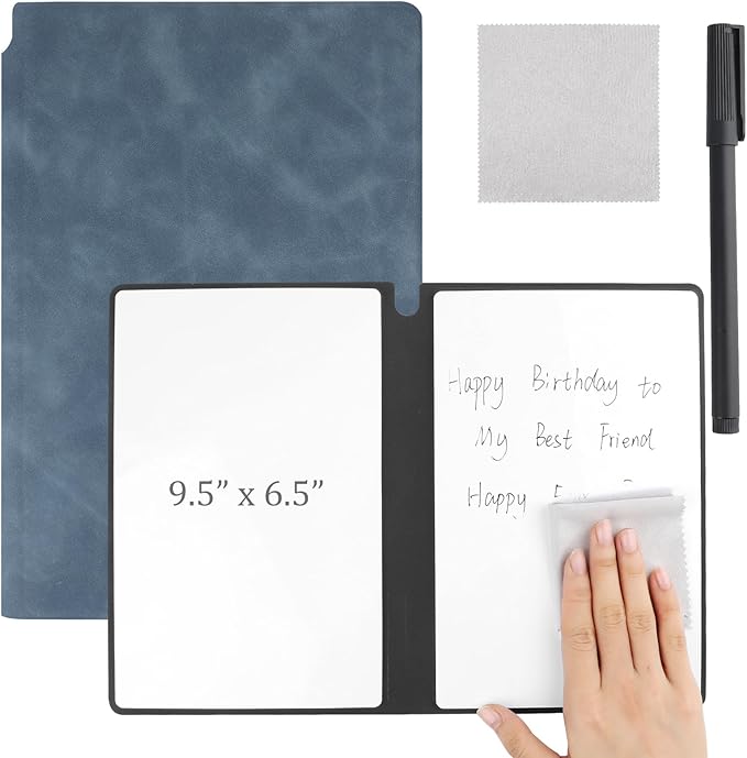 Reusable A5 Dry Erase Notebook Include a Wipeable Pen and Rag,9.4x6.5 Inch Erasable Notebook Whiteboard Notebook,Wipeable Notebook PU Hardcover for Office and Taking Notes(Denim Blue)