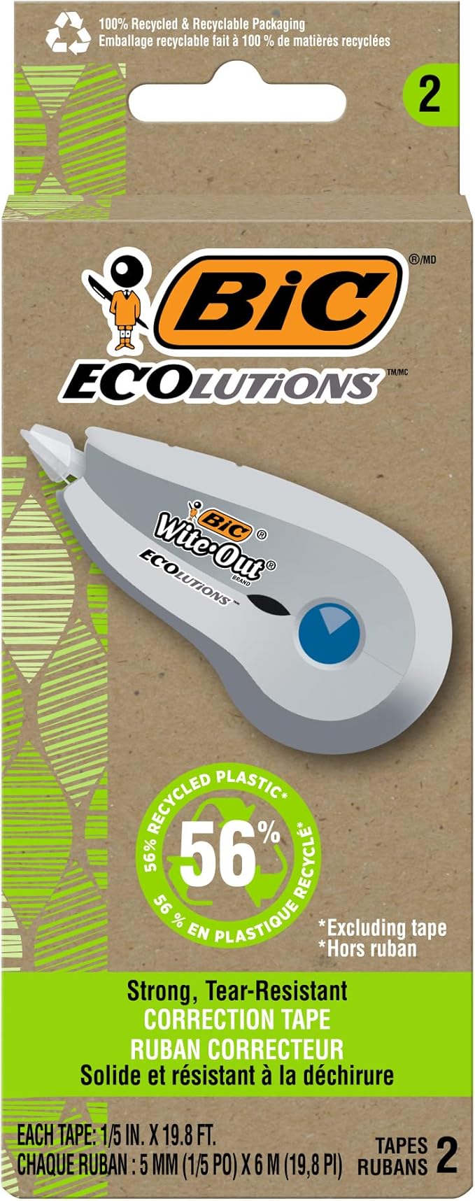 BIC Ecolutions Wite-Out Brand Correction Tape, 19.6 Feet, 2-Count Pack, Correction Tape Made from 56% Recycled Plastic Excluding Tape