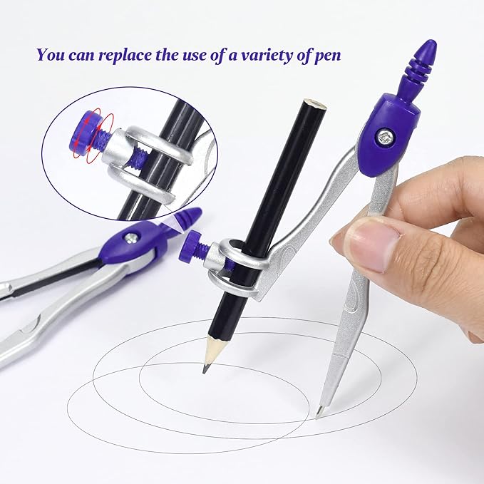 Vobou Math Geometry Kit Sets 10 Piece Student Supplies with Shatterproof Storage Box,Includes Rulers,Protractor,Compass,Eraser,Pencil Sharpener,Lead Refills,Pencil,for Drafting（Purple）