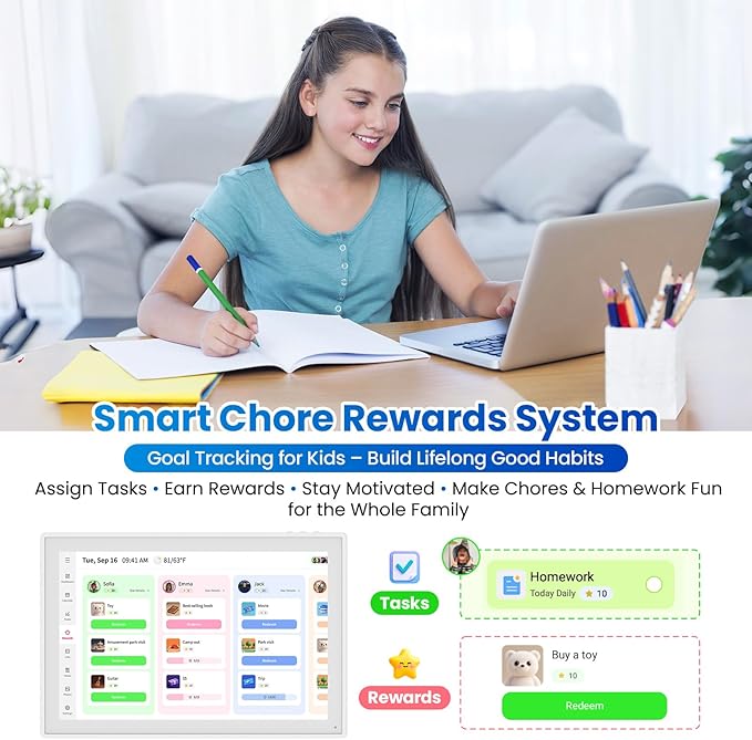 16" Smart Digital Calendar, Wall Desk Mount Planner with Google iCloud Sync, Touchscreen Family Organizer for Chore Chart, Meal Planning & Task Rewards（White）