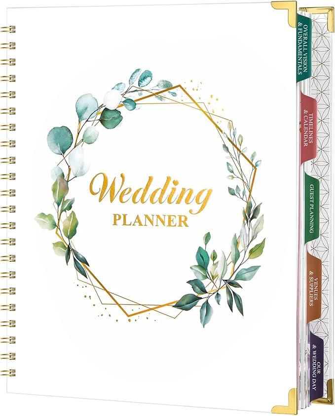 Wedding Planner - Wedding Planner Book and Organizer for the Bride with 5 Tabbed Sections, 12" x 9", Hardcover with Metal Corner + 5 Inner Pockets + Sticker + Elastic Closure Band