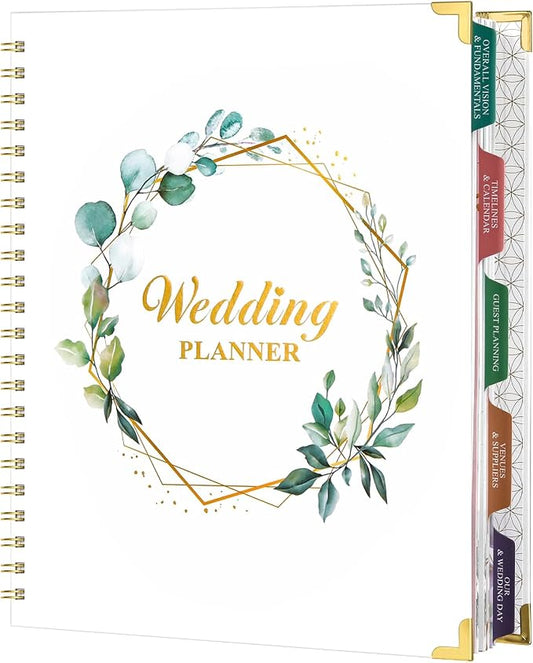 Wedding Planner - Wedding Planner Book and Organizer for the Bride with 5 Tabbed Sections, 12" x 9", Hardcover with Metal Corner + 5 Inner Pockets + Sticker + Elastic Closure Band